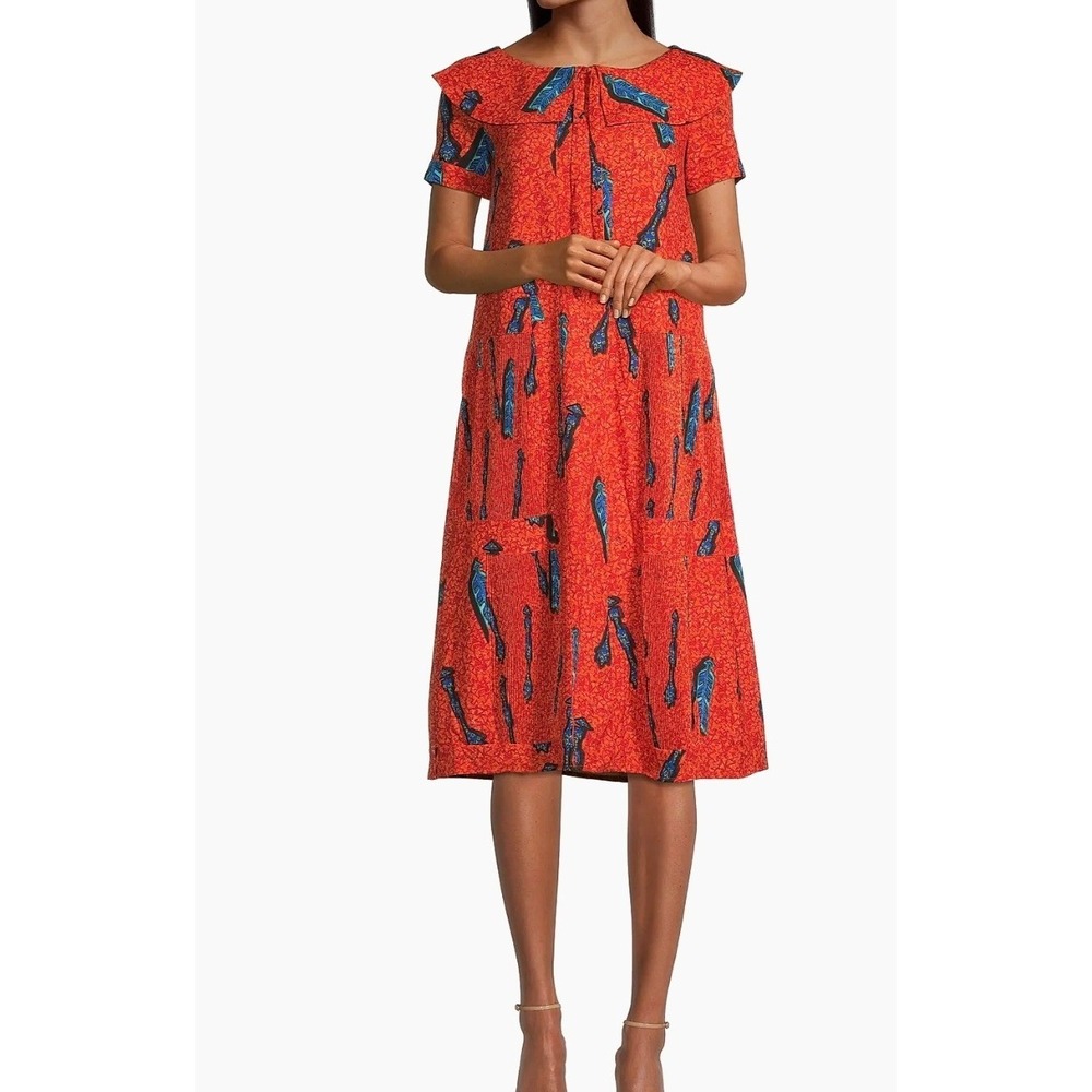 Stella Jean Orange Abstract Tribal Print Pilgram Collar Plisse Shift‎ Dress US 4